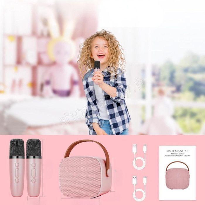 Draagbare karaokeset - SHOP-STORY - KARAOKIT_RO - 2 draadloze microfoons - LED - Roze