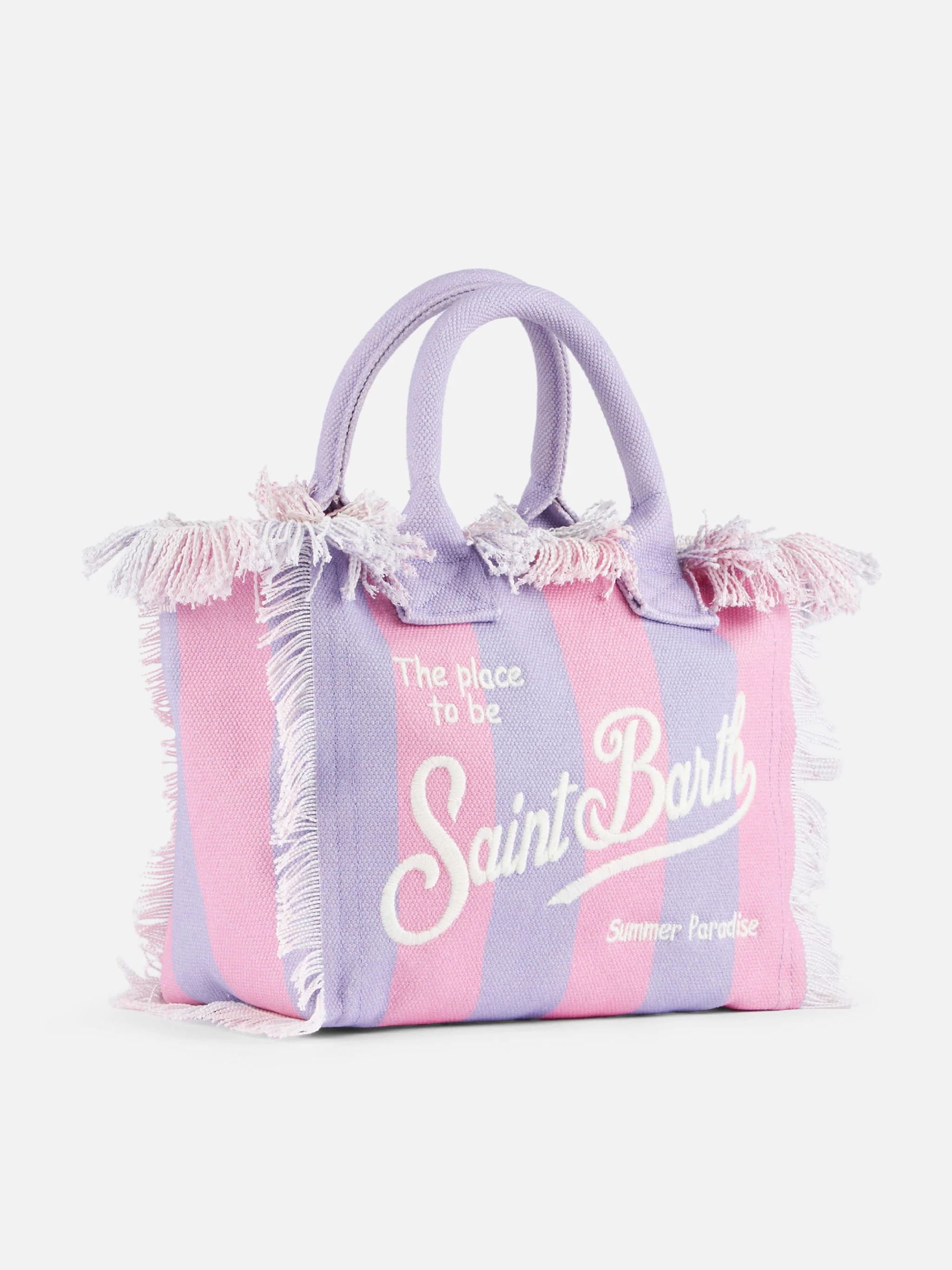 Bolsa Colette em lona de algodão com franjas - Estampa listrada rosa e lilás com logotipo bordado Saint Barth e bolso com zíper | MC2 Saint Barth