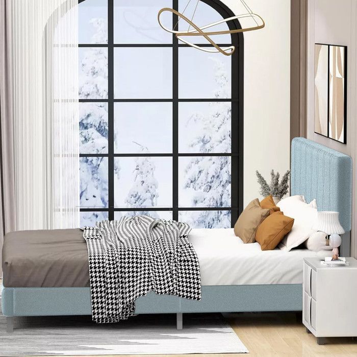 Cama doble tapizada de 140x200cm con somier de láminas, estructura de cama moderna para 2 adultos, cabecero ajustable.