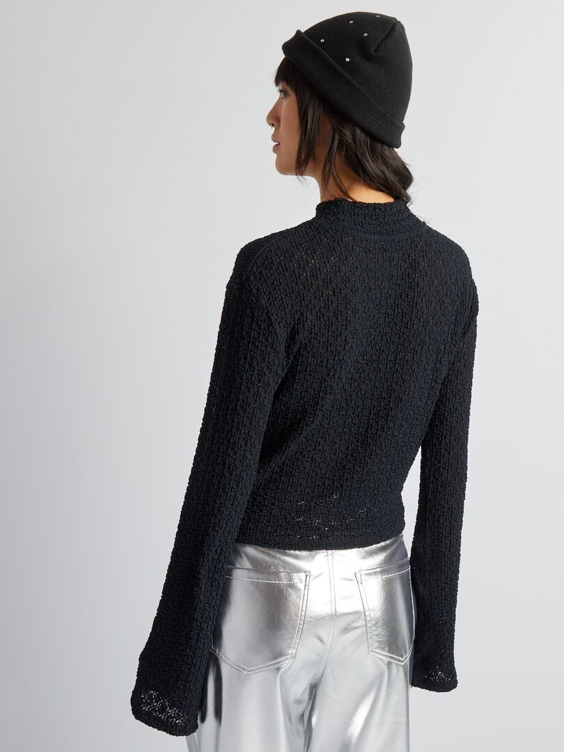 Stretch T-shirt van opengewerkt breisel met kant - zwart