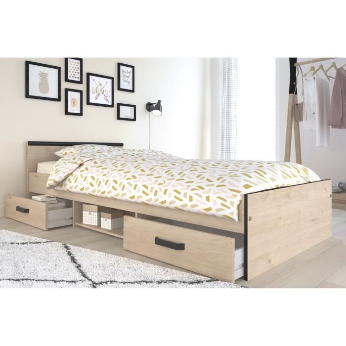 Letto per bambini PARISET Zodiac - 90x200 cm - Truciolato - Finitura rovere e nero - Contenitore