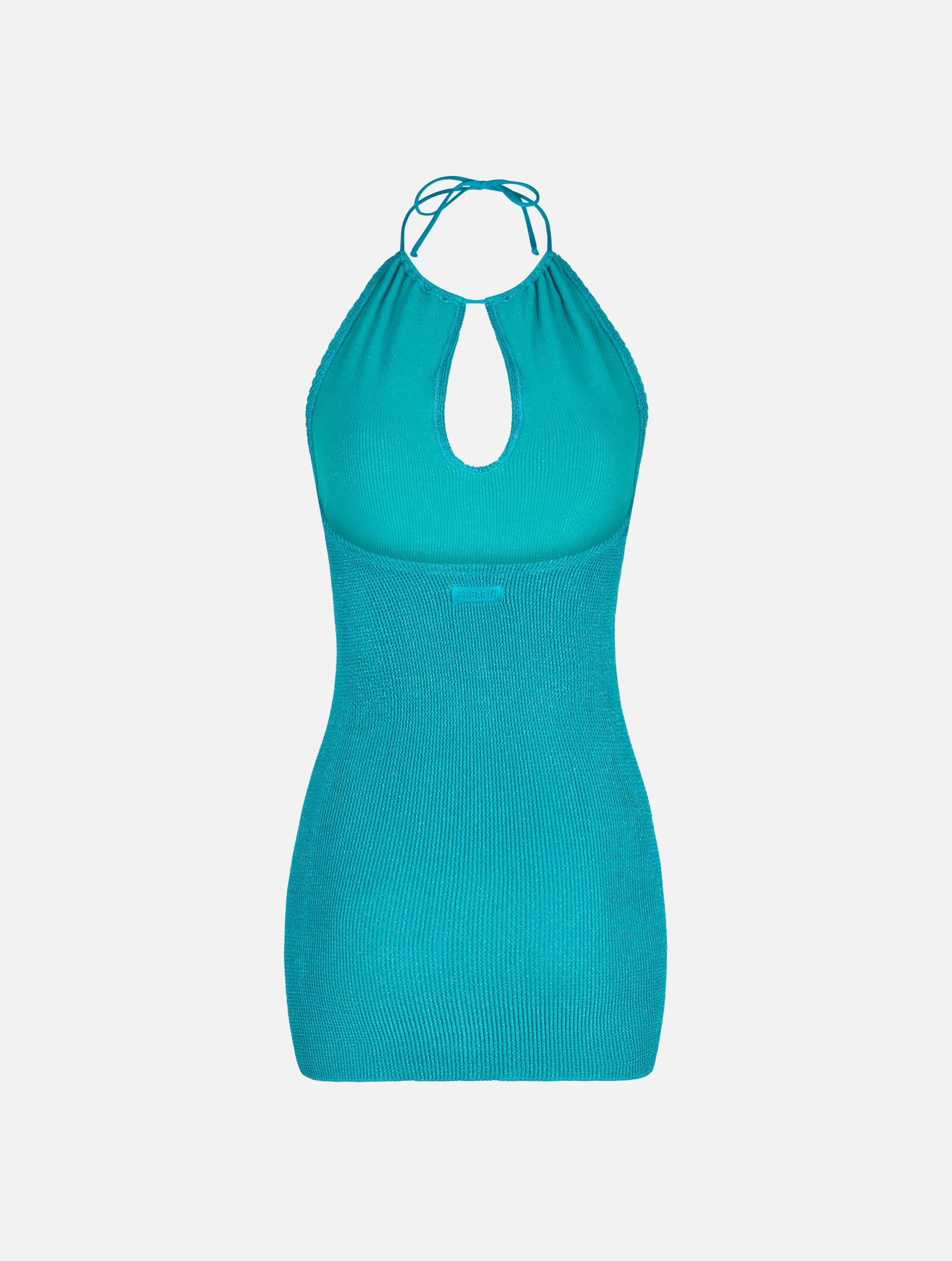 Damesjurk van turquoise gekreukelde lurex met halternek.