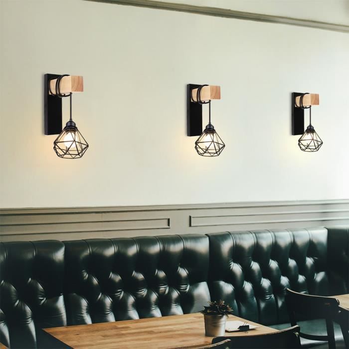 COUNT Vintage Industrial Loft Indoor Wall Sconce, 2pcs Retro Cage Wall Sconce in Black Metal and Wood for Living Room, Bar, Cafe
