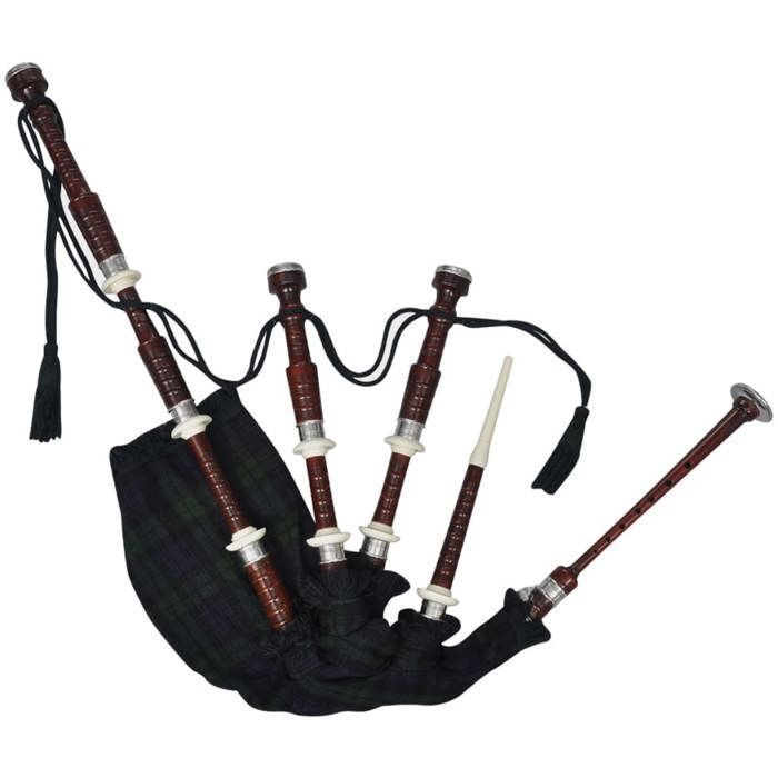 vidaXL Juego de gaita escocesa de madera de sheesham con funda de tartán verde y negro 70044
