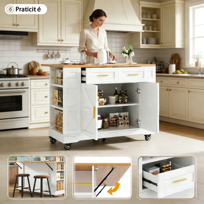 Îlot de Cuisine avec Plateau Extensible - 2 Portes + 2 Tiroirs + Espace de Rangement latéral+Étagères Réglables et 6 Roues