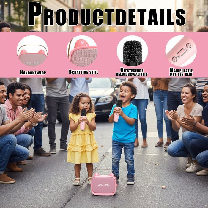 Kit de karaokê infantil, caixa de som Bluetooth portátil, 2 microfones sem fio, efeitos de luz LED.
