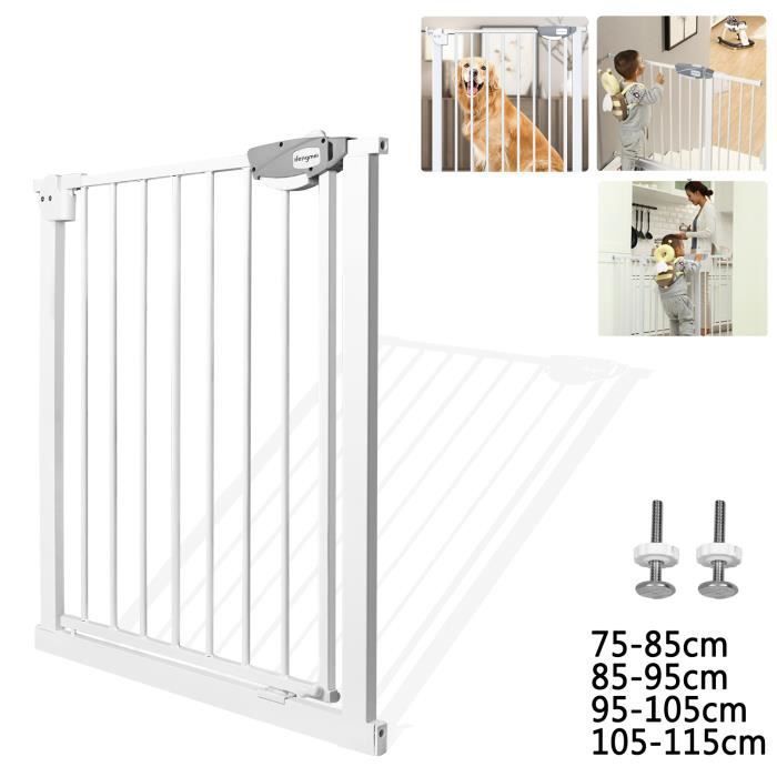 Aufun Barrière de sécurité porte et escalier, Fixation par pression, Pour espace de 75 -85 cm, pour animaux, Bébé et Enfant - Blanc