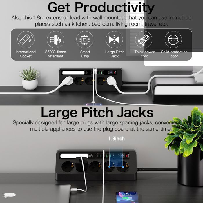 Multiprise Universelle, LED Multiprise Parafoudre, avec 5 Prises, 2 USB-C, 2 USB-A, Câble 1.8M, interrupteur, 2500W, Noir