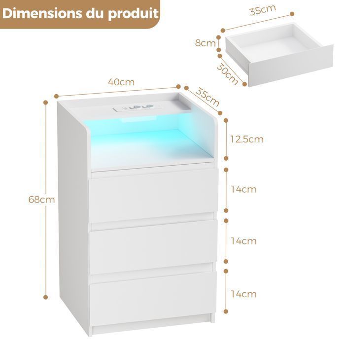 Lot de 2 Table de Chevet 40×35×68cm, 3 Tiroirs, 2 USB Ports et 2 Prises, LED Réglable, Moderne, Scandinave, Blanc