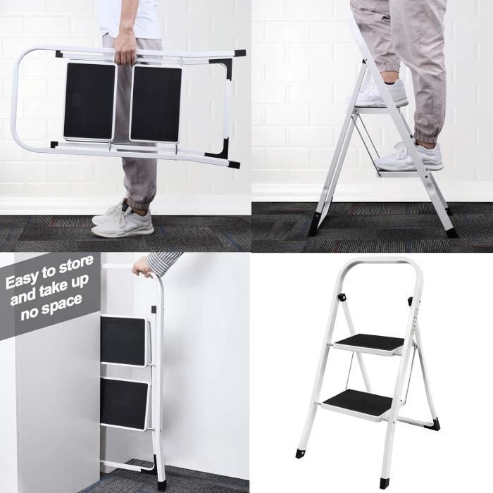 Taburete plegable de 2 peldaños, escalera metálica antideslizante, peldaños de 30 x 20 cm, capacidad de 150 kg, 46,5 x 55,5 x 81,5 cm, blanco
