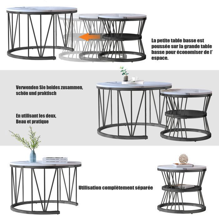 Salontafel voor de woonkamer - Marmerhout en metalen poten - Stapelbare salontafel - Rond - D 70/45 x H 45/40 cm - Zwart en wit