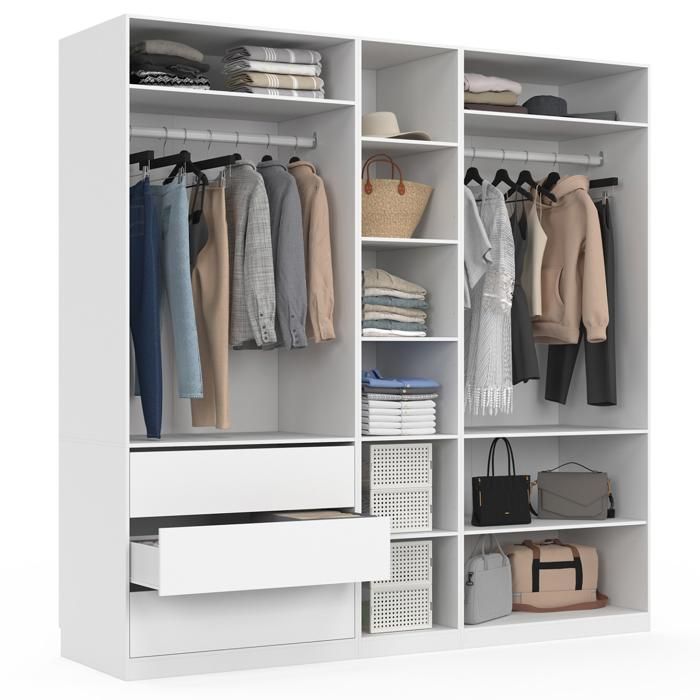 IDMARKET Dressing modulable TAYLOR 200 x 55 x 200 cm 3 modules avec penderies + étagères + tiroirs blanc
