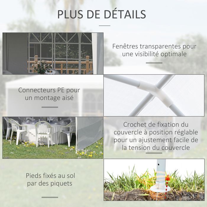 Tonnelle de jardin, tente de réception avec Fenêtres et parois latérales amovibles, pour fêtes et mariages, 6 x 3 m blanc