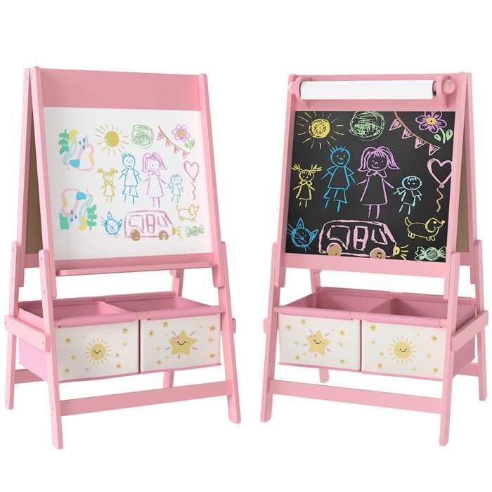 Caballete infantil 3 en 1 - AIYAPLAY - Doble cara - Pizarra blanca y negra - Rollo de papel - 2 cestas de almacenamiento - Edades de 3 a 8 años - Rosa