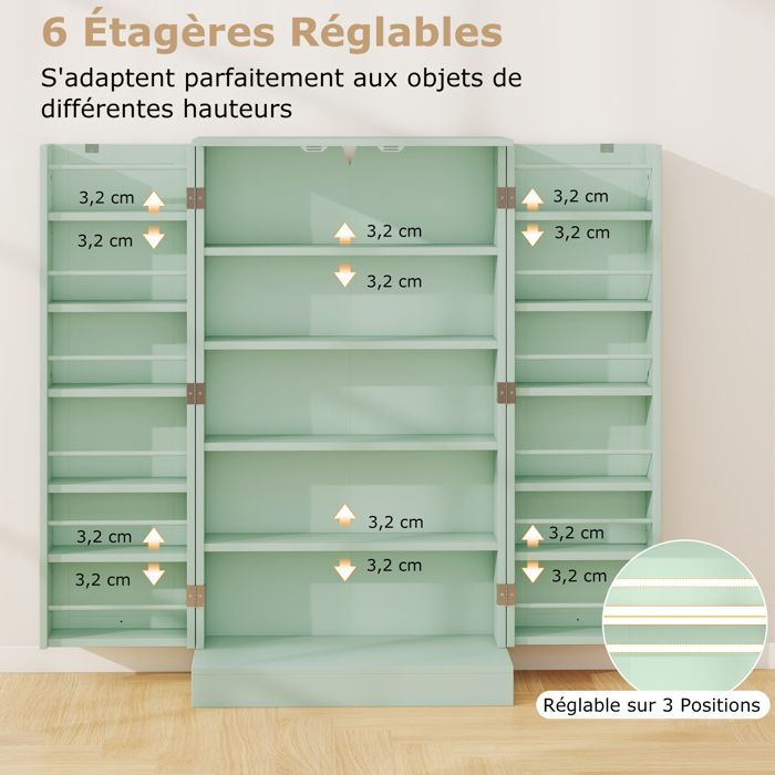 Aparador de cocina COSTWAY de 104 cm, puertas con apertura de 180°, estantes ajustables, kit antivuelco, para comedor/sala de estar, color verde.