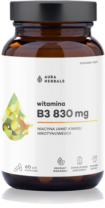 Aura Herbals Vitamín B3 830 mg niacín, doplnok stravy v kapsulách pre správne fungovanie nervového systému