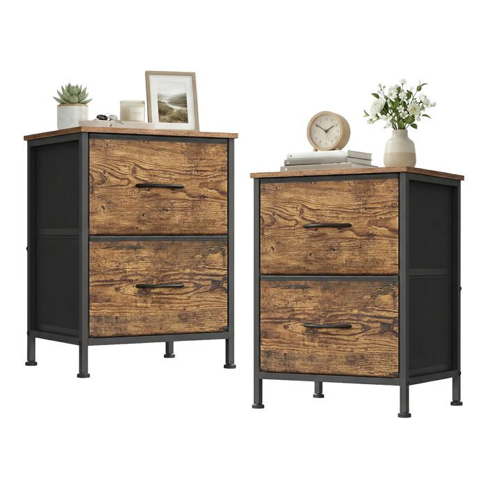 Table de Chevet avec 2 Tiroirs, Lot de 2, pour Chambre, Marron et Noir