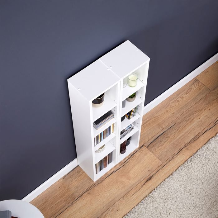 MUSIC modular shelving for CDs and DVDs, set of 2 column storage units with 10 compartments, in matte white melamine
