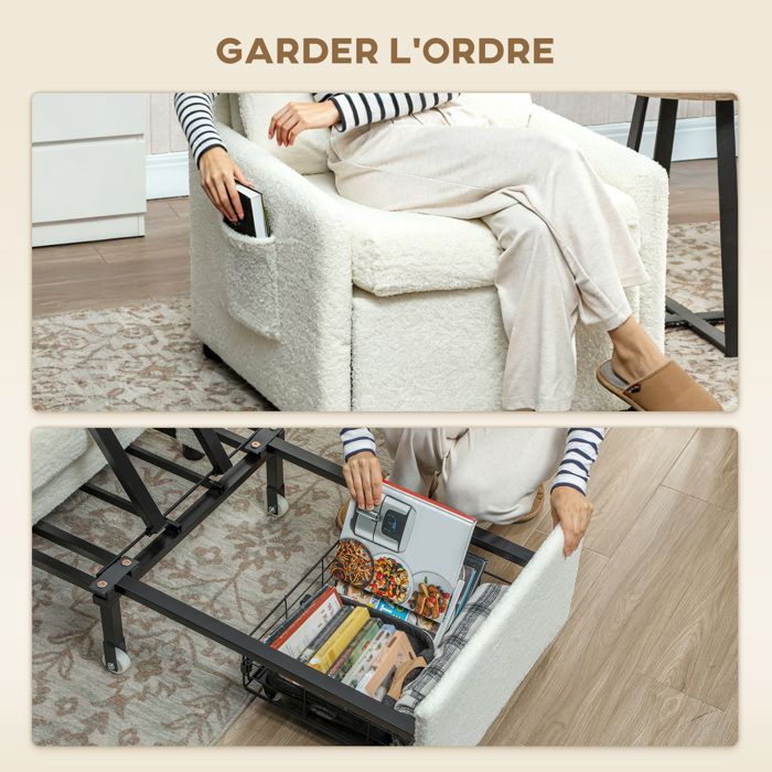 Sillón convertible - HOMCOM - almacenamiento oculto, asiento ancho acolchado - tejido polar Teddy - 72 x 85,5 x 91 cm - color crema