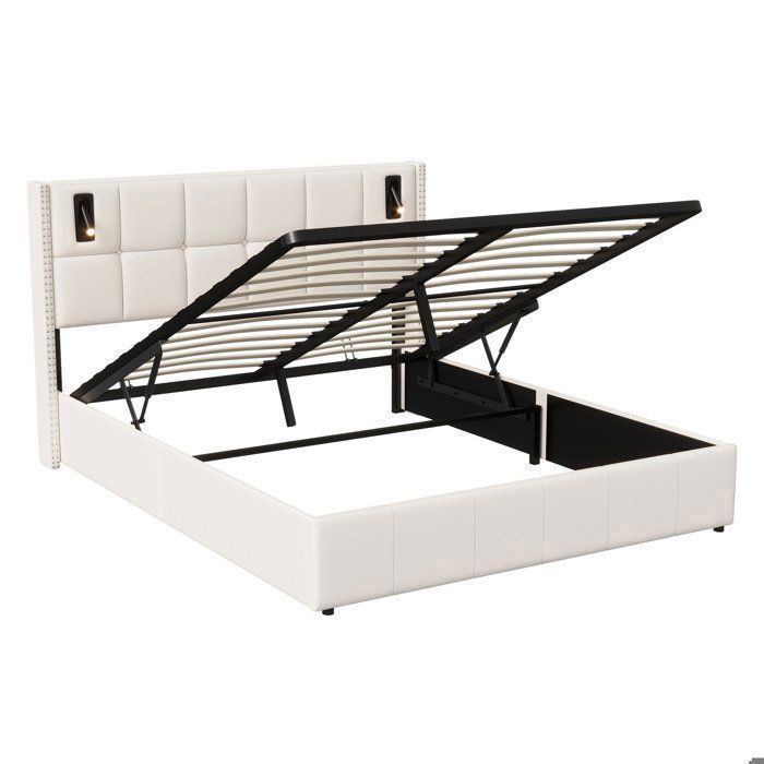 140x190 cm bed, velvet storage bed with headboard and slatted base, adult bed for 2 people, reading lamps, beige