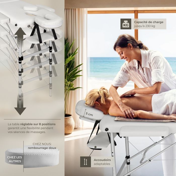 Massagebriks - TECTAKE - Højdejusterbar, foldbar behandlingsbriks med 3 sektioner, 210 x 95 x 90 cm - Hvid