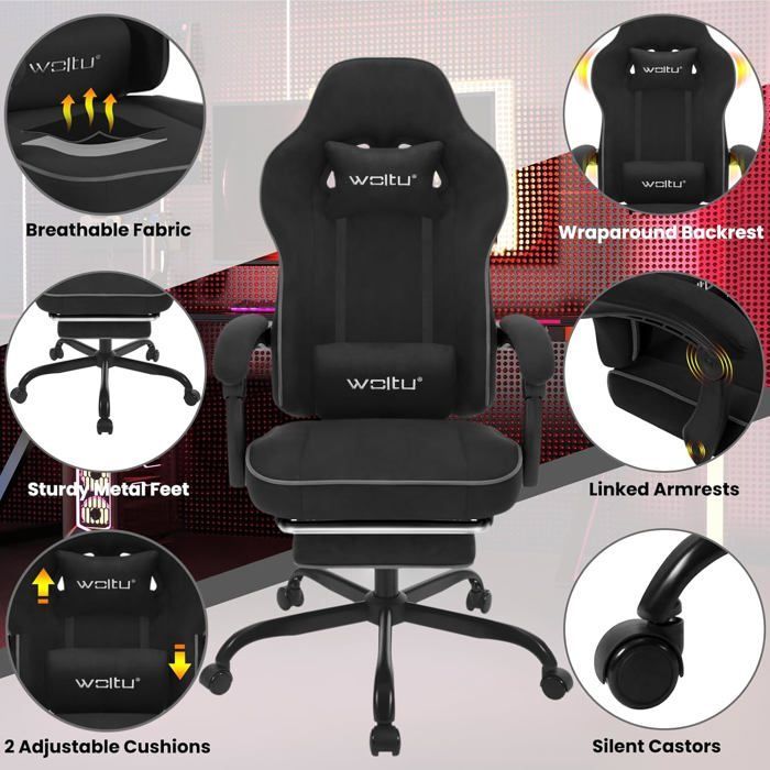 WOLTU Gamingstoel, Gamingfauteuil, Pocketveringkussen, Lendensteun, Technisch textiel, Zwart W0ATT0611