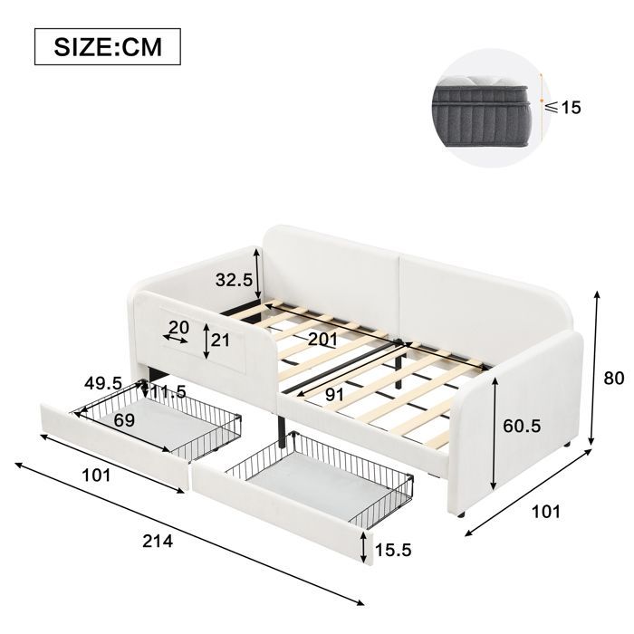 Cama infantil de 90x200 cm tapizada en terciopelo blanco con 2 cajones, 3 bolsillos laterales y somier de láminas metálicas, convertible en cama para padres e hijos.