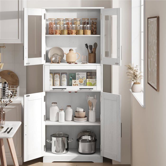 Tall storage cabinet - LUNSY - 60x30x170 cm - White - Four cupboards with doors - Large sliding drawer