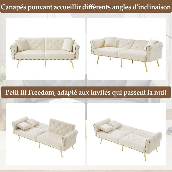 Sofá convertible - RAVAS - Sofá de 2 plazas - Terciopelo blanco - Respaldo ajustable - Espacio de almacenamiento