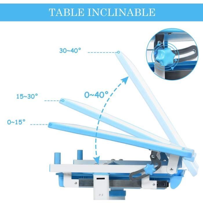 COSTWAY Ergonomic Children's Desk Set with Adjustable Height and Angle (0-40°), Table and Chairs, Drawing Table with 1 Drawer, Blue