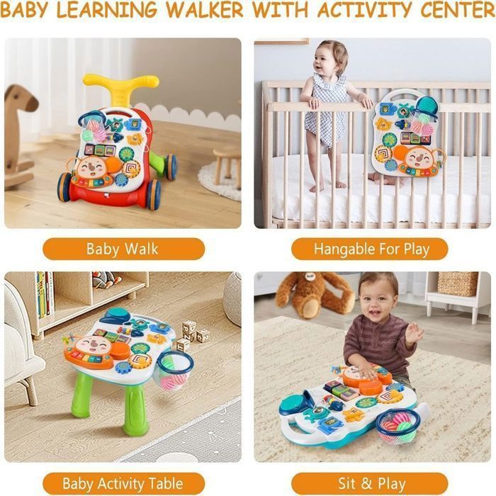 Andador y mesa de actividades 2 en 1 para bebés, andador con centros de actividades multifuncionales desmontables, juguetes musicales