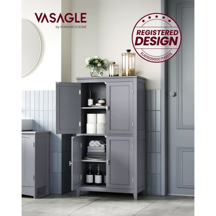 VASAGLE Bathroom Cabinet, Storage Unit, Kitchen Cupboard with 4 Doors, Adjustable Shelves, 30 x 60 x 110 cm, Grey