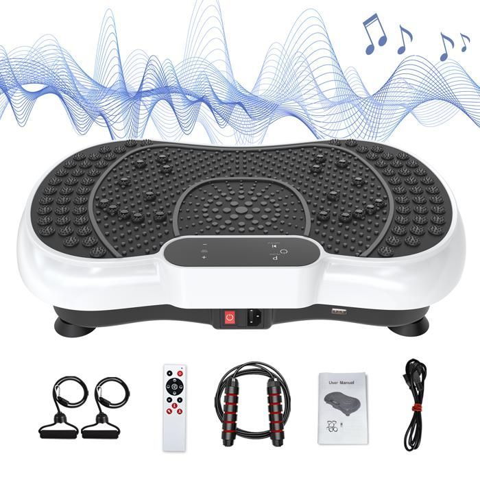 Plataformas vibratorias con 99 niveles de intensidad, 5 configuraciones preprogramadas, cuerdas de tensión y cuerdas para saltar, color blanco.
