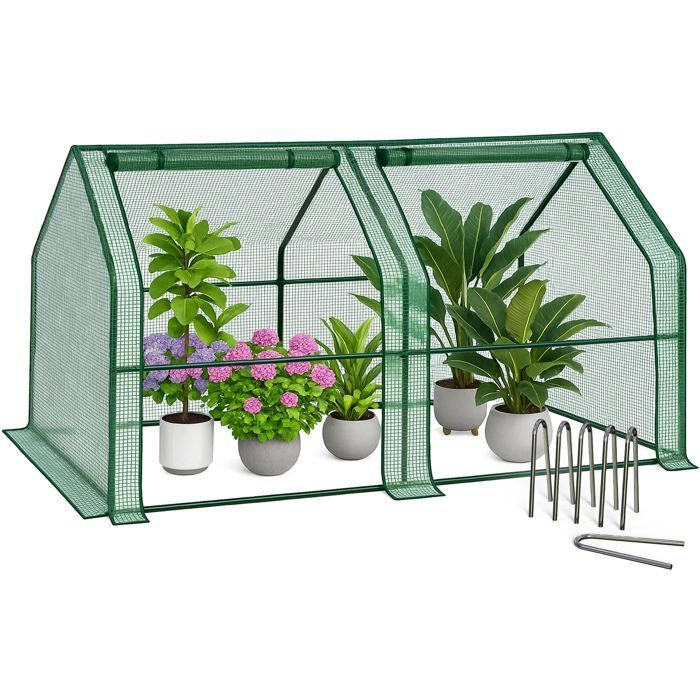 Mini invernadero de jardín VOUNOT® de 180x90x90 cm, color verde, con 2 puertas enrollables con cremallera y cubierta de PE reforzada de 135 g/m².
