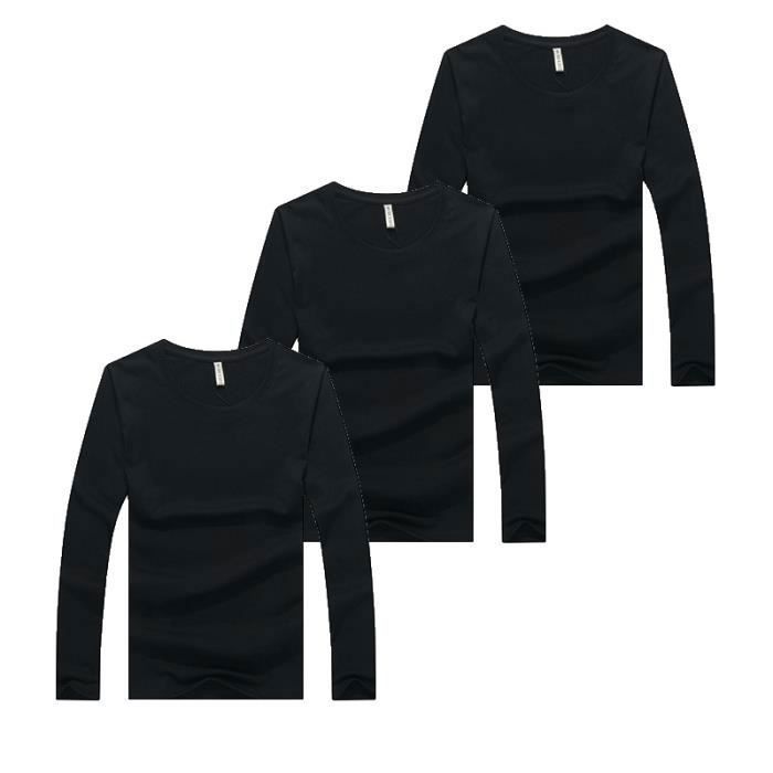 Magliette da uomo - ZEUWOW - Confezione da 3 magliette a maniche lunghe con scollo rotondo - Nero tinta unita