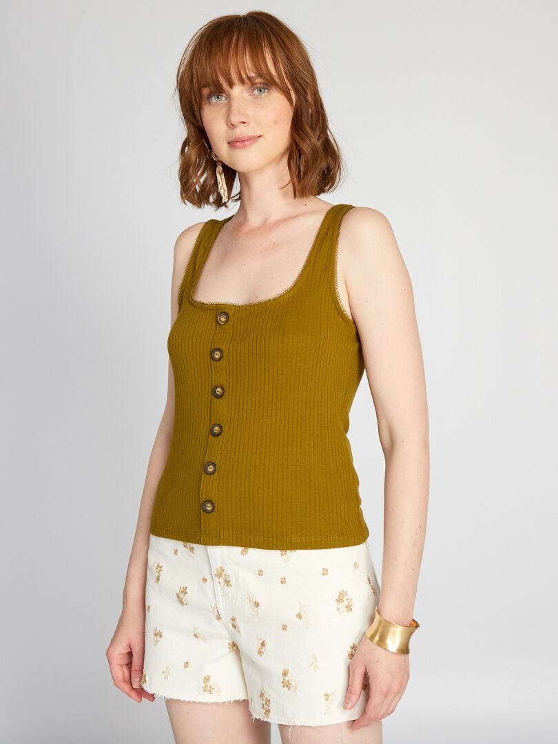 Geribbelde tanktop met knoopjes - GROEN