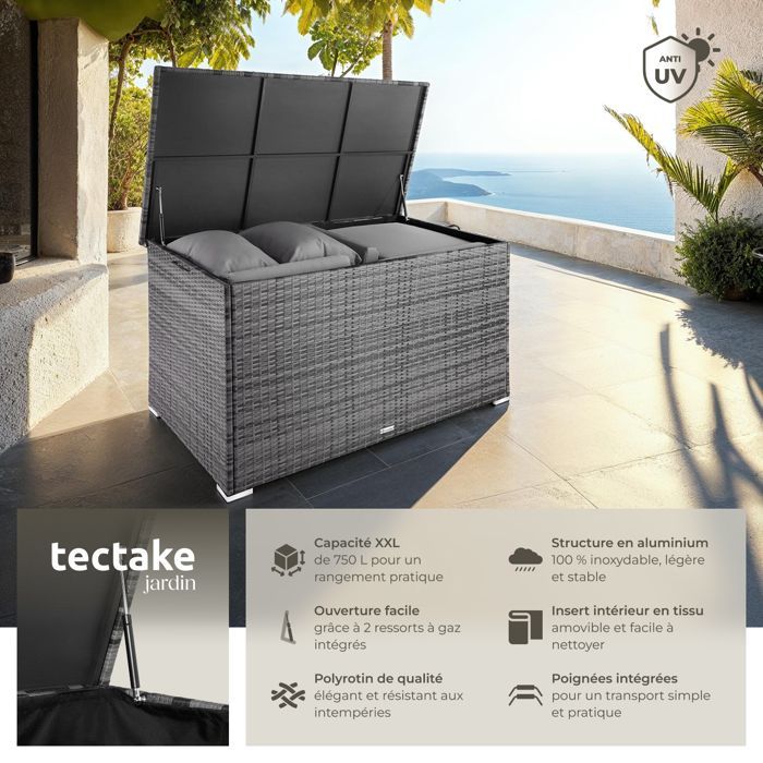 Contenitore per esterni - TECTAKE - OSLO, cassapanca da giardino in alluminio e polyrattan con rivestimento interno removibile - Grigio