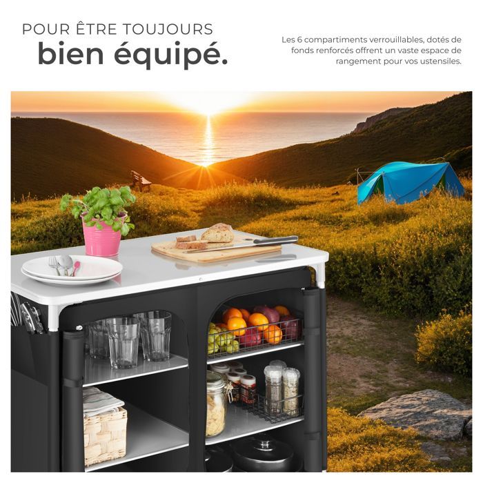 Muebles de camping - TECTAKE - Armario plegable con 6 compartimentos y bolsa de transporte incluida 97 x 47,5 x 78 cm - Negro
