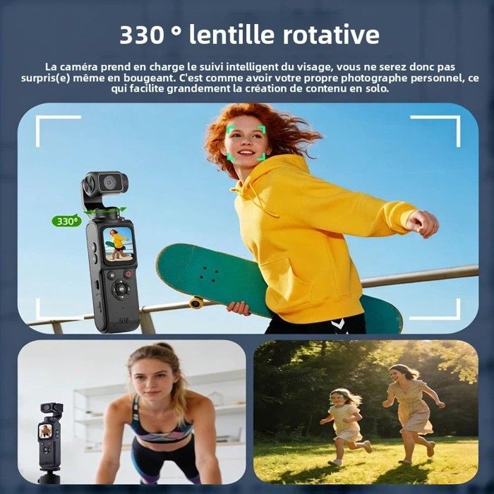 4K Actionkamera - WiFi - Vlogkamera med stativ - 1,72-tommer HD-skærm - 64 megapixels - 330° roterende linse med sporing - Sort