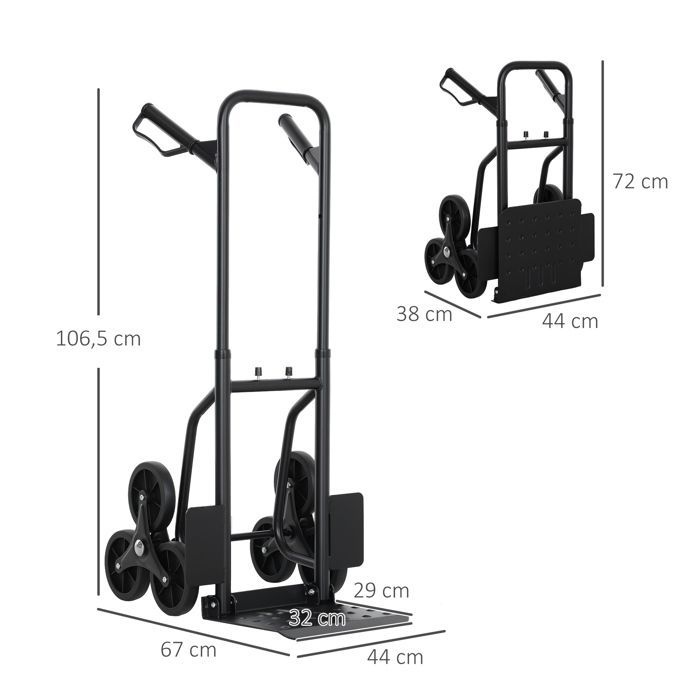 Carretilla elevadora para escaleras - DURHAND - plegable - 120 kg - 6 ruedas - cuerdas telescópicas - estructura de acero - 44x38x106,5 cm - negra