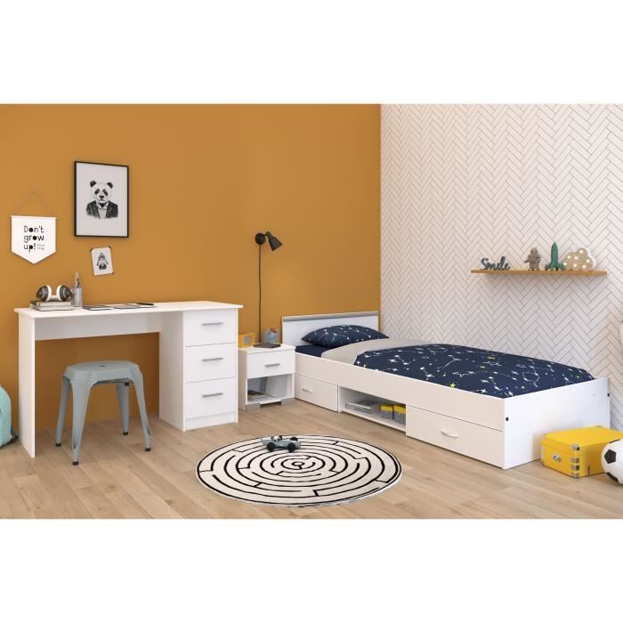 Chambre complète enfant 3 pièces ZODIAC - Lit + chevet + bureau - Décor blanc - PARISOT