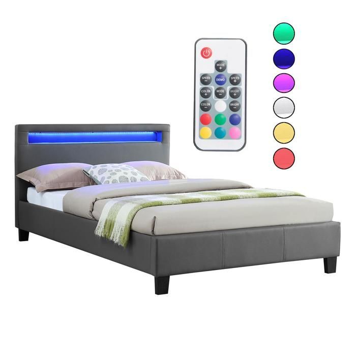Cama individual LED de 120x190 cm con somier de láminas, cabecero confortable, cama individual con tapicería sintética gris, MIRANDO