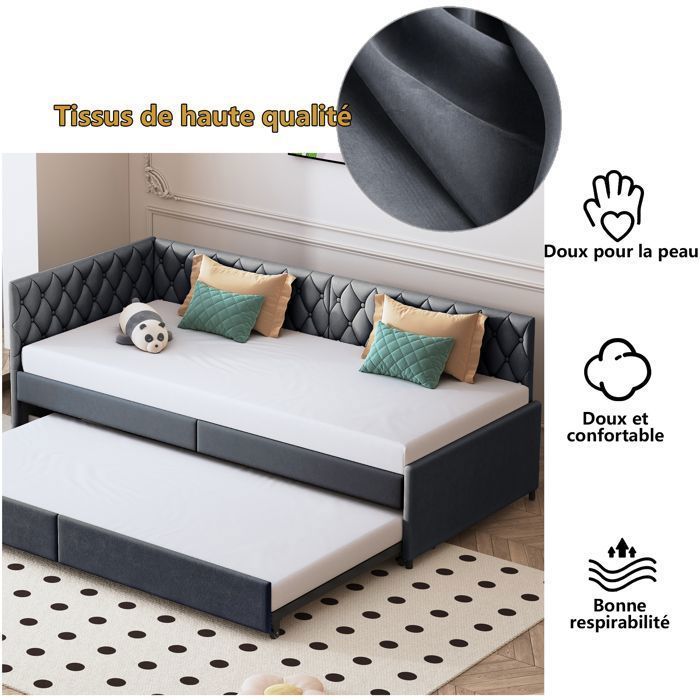 Canapé-Lit Clic-Clac 90x200 cm - Déplié 180x200 cm - Velours Gris - Structure Métal & Lattes Bois - Motif Losange Capitonné