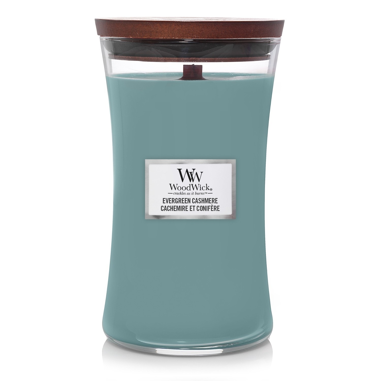 WoodWick stikla svece, liela, zaļa, kašmira - 609 g