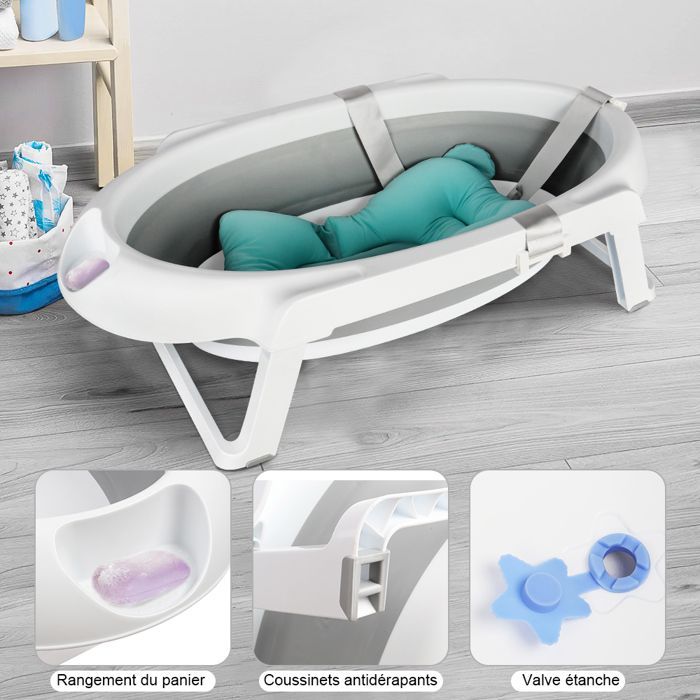 Bañera para bebé MIPAN con soporte - Bañera ergonómica para bebé - Con cojín - Drenaje integrado - 63*60*84,5 cm - Gris