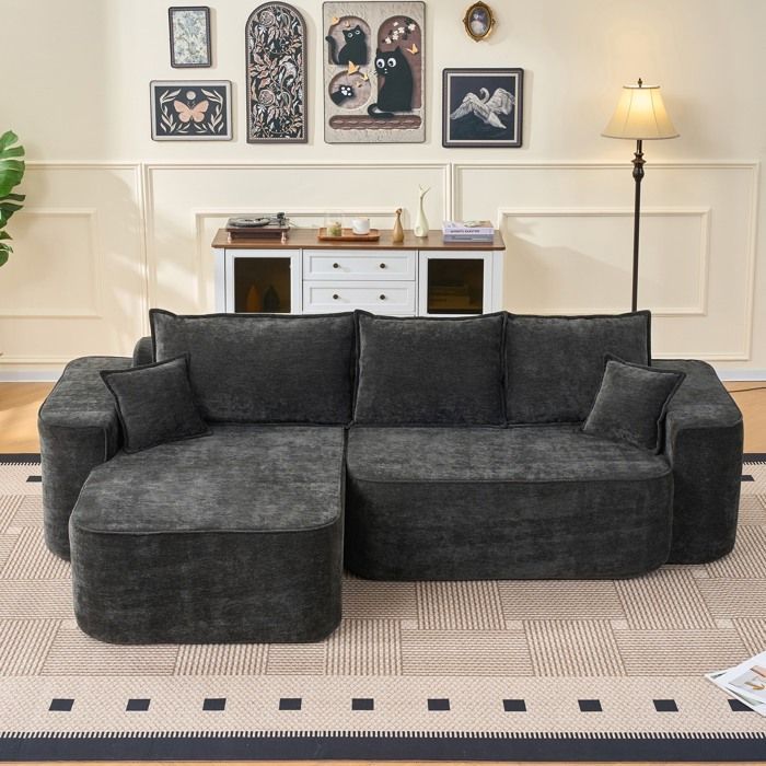 XXL-Modul-Ecksofa 264 cm, Wolkensofa, keine Montage erforderlich, schwarzer Chenille-Stoff, tiefe Sitzfläche, wandelbares Wohnzimmersofa