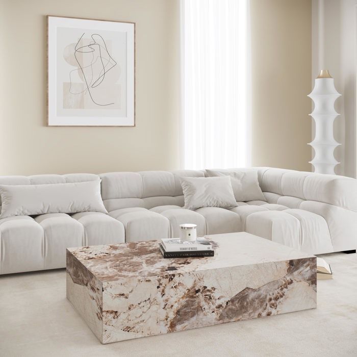 ISBEL - Mesa de centro rectangular en mármol sintético beige y marrón.