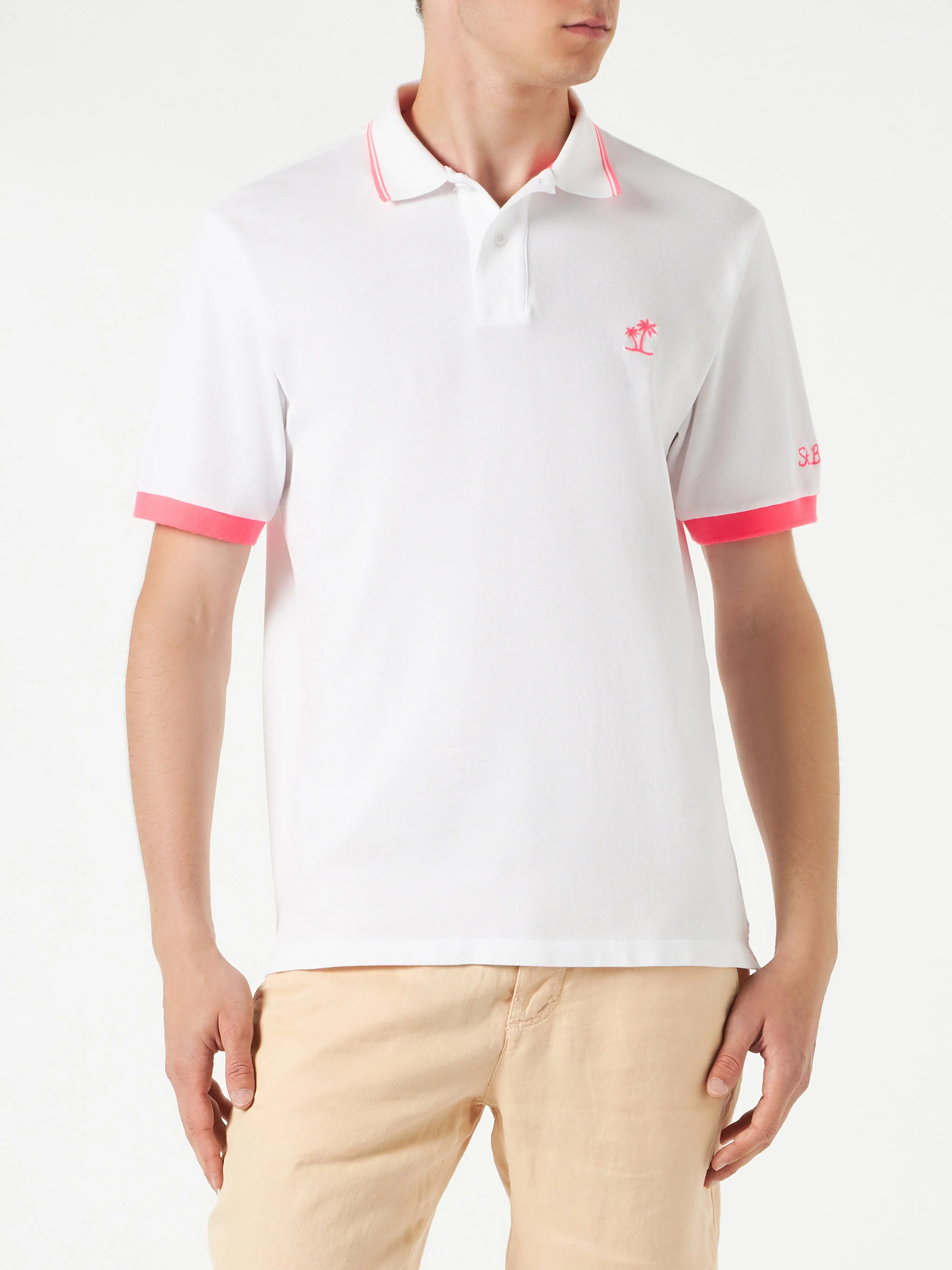 Witte piqué poloshirt met palmboomborduurwerk