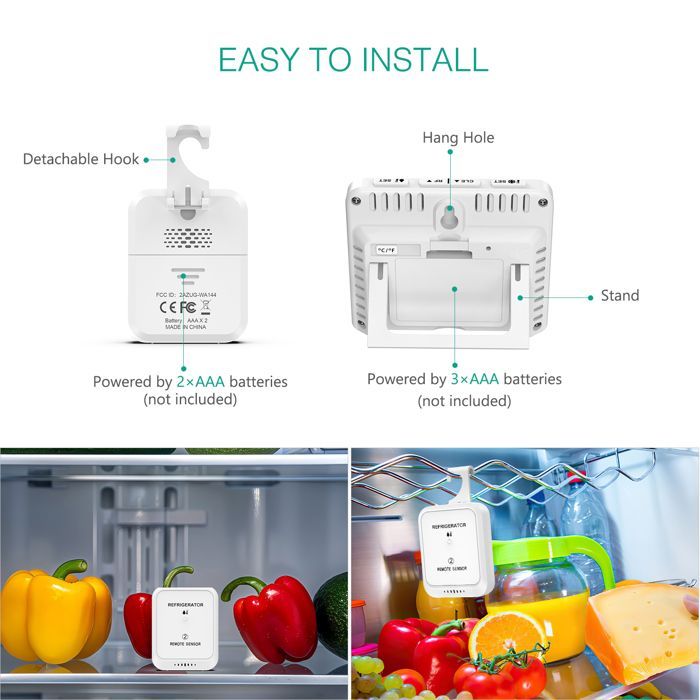 Thermomètre de Frigo Congélateur, Thermomètre de Réfrigérateur Sans Fil avec 2 Capteurs, Alarme Sonore, Min/Max