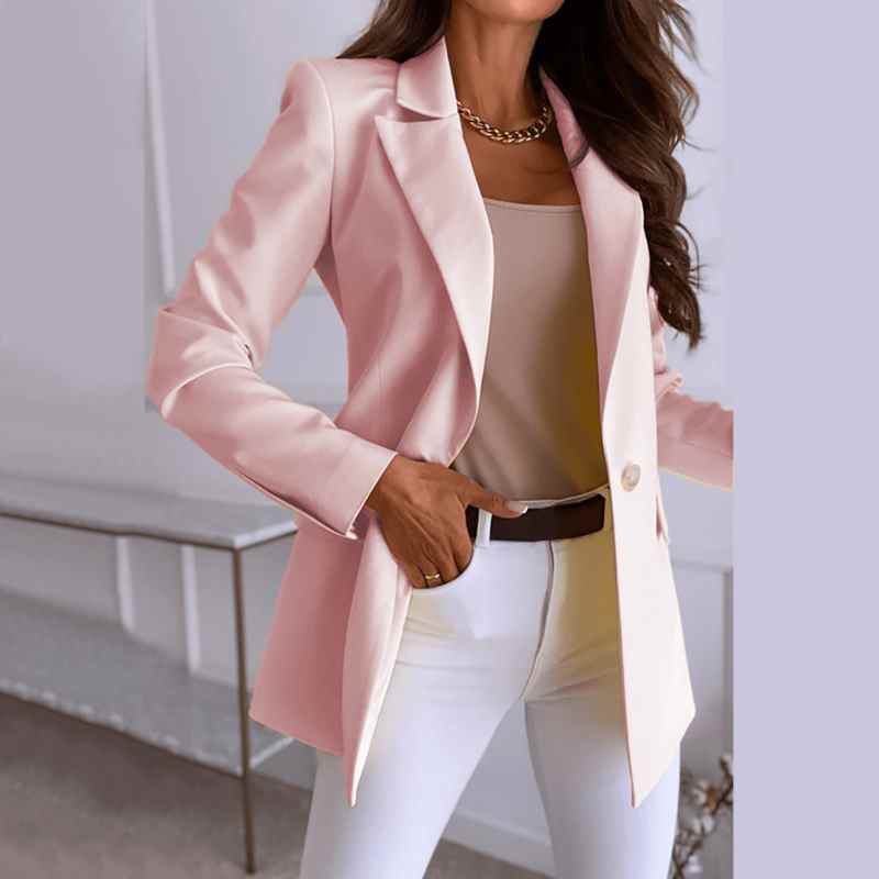 Veste d'automne style bureau pour femme, coupe cintrée, manches longues, poches décontractées, idéale pour le travail. Couleur unie.